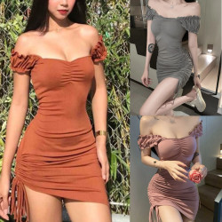 Drawstring Butterfly Sleeve Lace Ruffle Dress Slash Neck Pleated Tight Straps Slim Skinny Mini Dress